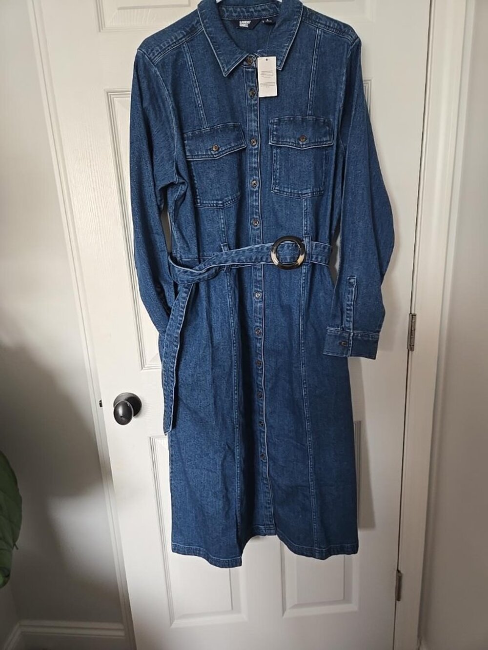 NWT Lands End Denim Button Front Belted Midi Shirt Dress, SZ L